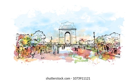 Landmark building with street view of Delhi, capital of India. Watercolour splash with Hand drawn sketch illustration in vector.