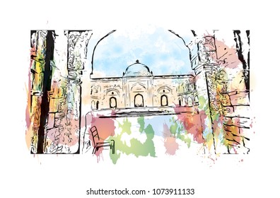 Landmark building with street view of Delhi, capital of India. Watercolour splash with Hand drawn sketch illustration in vector.