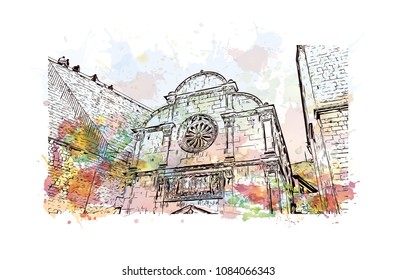 Landmark building with street view of Dubrovnik, City in Croatia. Watercolor splash with hand drawn sketch illustration in vector.