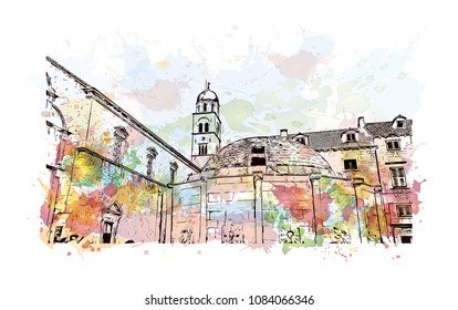 Landmark building with street view of Dubrovnik, City in Croatia. Watercolor splash with hand drawn sketch illustration in vector.