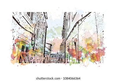 Landmark building with street view of Dubrovnik, City in Croatia. Watercolor splash with hand drawn sketch illustration in vector.