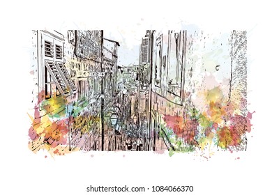 Landmark building with street view of Dubrovnik, City in Croatia. Watercolor splash with hand drawn sketch illustration in vector.