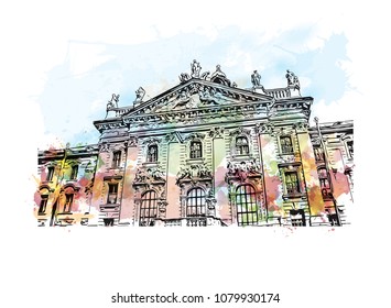 Landmark building with street view of Munich City in Germany. Water color splash with Hand drawn sketch illustration in vector.