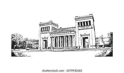 Landmark building with street view of Munich City in Germany. Hand drawn sketch illustration in vector.