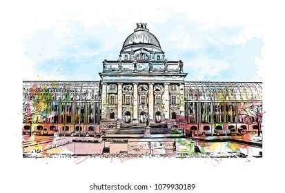 Landmark building with street view of Munich City in Germany. Water color splash with Hand drawn sketch illustration in vector.