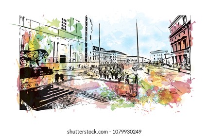 Landmark building with street view of Munich City in Germany. Water color splash with Hand drawn sketch illustration in vector.