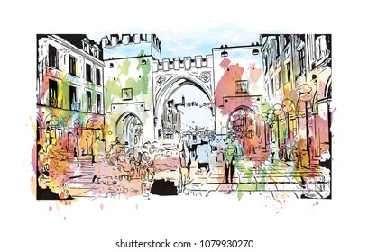 Landmark building with street view of Munich City in Germany. Water color splash with Hand drawn sketch illustration in vector.
