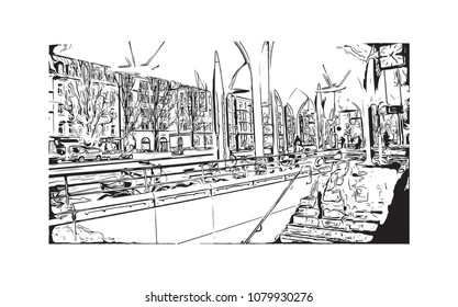 Landmark building with street view of Munich City in Germany. Hand drawn sketch illustration in vector.