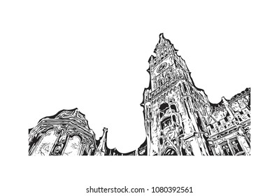 Landmark and Building with street view of Munich City in Germany. Hand drawn sketch illustration in vector.