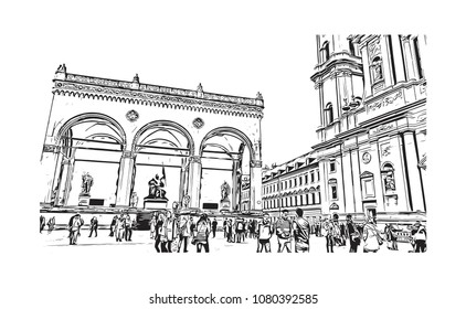 Landmark and Building with street view of Munich City in Germany. Hand drawn sketch illustration in vector.