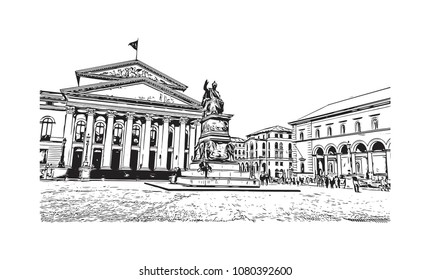 Landmark and Building with street view of Munich City in Germany. Hand drawn sketch illustration in vector.