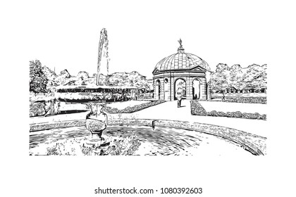 Landmark and Building with street view of Munich City in Germany. Hand drawn sketch illustration in vector.