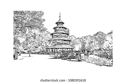 Landmark and Building with street view of Munich City in Germany. Hand drawn sketch illustration in vector.