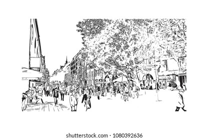 Landmark and Building with street view of Munich City in Germany. Hand drawn sketch illustration in vector.