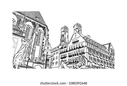 Landmark and Building with street view of Munich City in Germany. Hand drawn sketch illustration in vector.