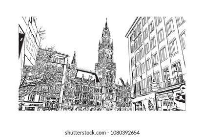 Landmark and Building with street view of Munich City in Germany. Hand drawn sketch illustration in vector.