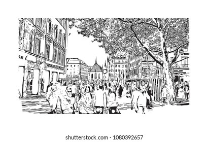 Landmark and Building with street view of Munich City in Germany. Hand drawn sketch illustration in vector.