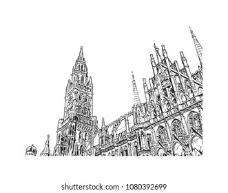 Landmark and Building with street view of Munich City in Germany. Hand drawn sketch illustration in vector.