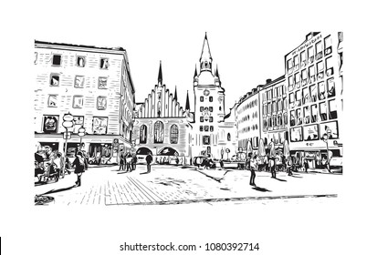 Landmark and Building with street view of Munich City in Germany. Hand drawn sketch illustration in vector.