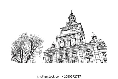 Landmark and Building with street view of Munich City in Germany. Hand drawn sketch illustration in vector.