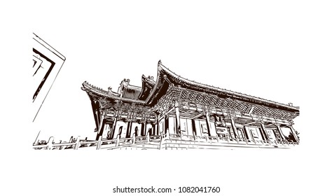 Landmark building with street view of Taipei, Capital of Taiwan. Hand drawn sketch illustration in vector.