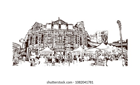 Landmark building with street view of Taipei, Capital of Taiwan. Hand drawn sketch illustration in vector.