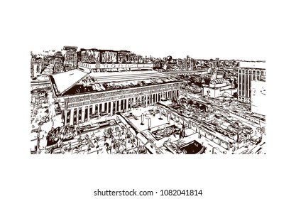 Landmark building with street view of Taipei, Capital of Taiwan. Hand drawn sketch illustration in vector.