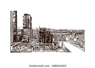 Landmark building with street view of Taipei, Capital of Taiwan. Hand drawn sketch illustration in vector.
