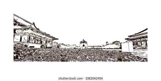 Landmark building with street view of Taipei, Capital of Taiwan. Hand drawn sketch illustration in vector.