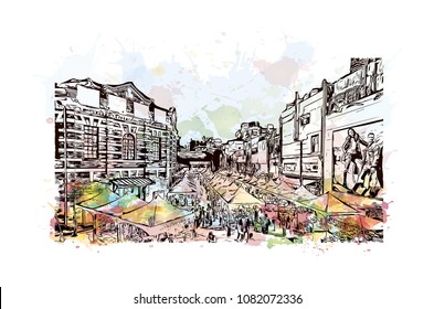 Landmark building with street view of Taipei, Capital of Taiwan. Watercolor splash with hand drawn sketch illustration in vector.