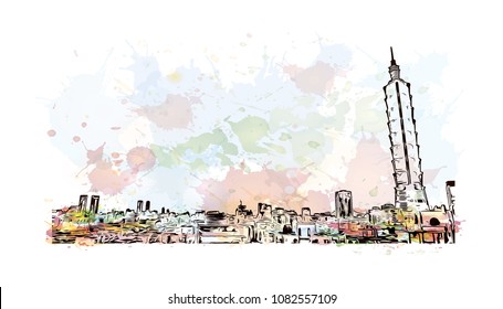 Landmark building of Taipei, Capital of Taiwan. Watercolor splash with Hand drawn sketch illustration vector.