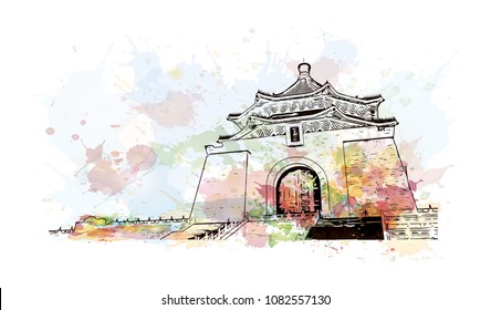 Landmark building of Taipei, Capital of Taiwan. Watercolor splash with Hand drawn sketch illustration vector.