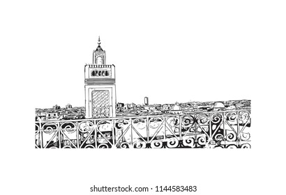 Landmark building of Tunis is the sprawling capital of Tunisia, a country in North Africa. Hand drawn sketch illustration in vector.