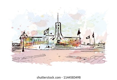 Landmark building of Tunis is the sprawling capital of Tunisia, a country in North Africa. Watercolor splash with Hand drawn sketch illustration in vector.