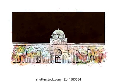 Landmark building of Tunis is the sprawling capital of Tunisia, a country in North Africa. Watercolor splash with Hand drawn sketch illustration in vector.