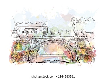 Landmark building of Tunis is the sprawling capital of Tunisia, a country in North Africa. Watercolor splash with Hand drawn sketch illustration in vector.