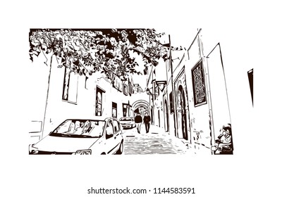 Landmark building of Tunis is the sprawling capital of Tunisia, a country in North Africa. Hand drawn sketch illustration in vector.