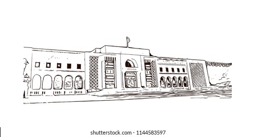 Landmark building of Tunis is the sprawling capital of Tunisia, a country in North Africa. Hand drawn sketch illustration in vector.