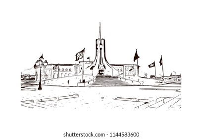 Landmark building of Tunis is the sprawling capital of Tunisia, a country in North Africa. Hand drawn sketch illustration in vector.