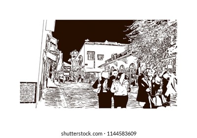 Landmark building of Tunis is the sprawling capital of Tunisia, a country in North Africa. Hand drawn sketch illustration in vector.