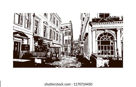 Landmark building view of Bath is a town set in the rolling countryside of southwest England, Hand drawn sketch illustration in vector.