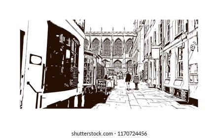 Landmark building view of Bath is a town set in the rolling countryside of southwest England, Watercolor splash with Hand drawn sketch illustration in vector.