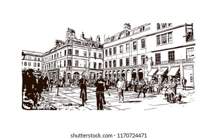 Landmark building view of Bath is a town set in the rolling countryside of southwest England, Hand drawn sketch illustration in vector.