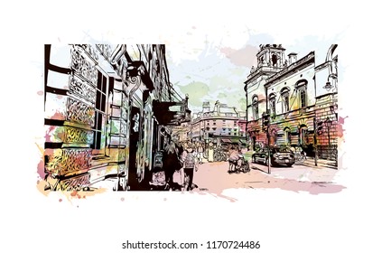 Landmark building view of Bath is a town set in the rolling countryside of southwest England, Watercolor splash with Hand drawn sketch illustration in vector.