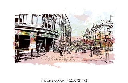 Landmark building view of Bath is a town set in the rolling countryside of southwest England, Watercolor splash with Hand drawn sketch illustration in vector.