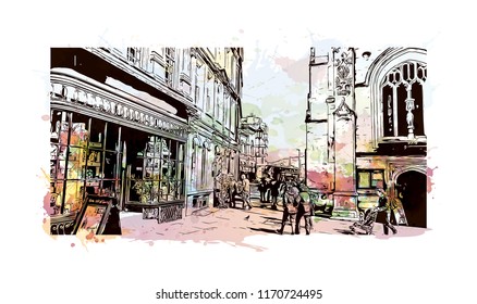 Landmark building view of Bath is a town set in the rolling countryside of southwest England, Watercolor splash with Hand drawn sketch illustration in vector.