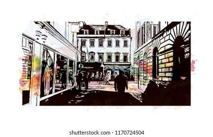 Landmark building view of Bath is a town set in the rolling countryside of southwest England, Watercolor splash with Hand drawn sketch illustration in vector.
