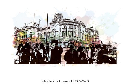 Landmark building view of Bath is a town set in the rolling countryside of southwest England, Watercolor splash with Hand drawn sketch illustration in vector.