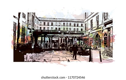 Landmark building view of Bath is a town set in the rolling countryside of southwest England, Watercolor splash with Hand drawn sketch illustration in vector.