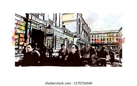 Landmark building view of Bath is a town set in the rolling countryside of southwest England, Watercolor splash with Hand drawn sketch illustration in vector.